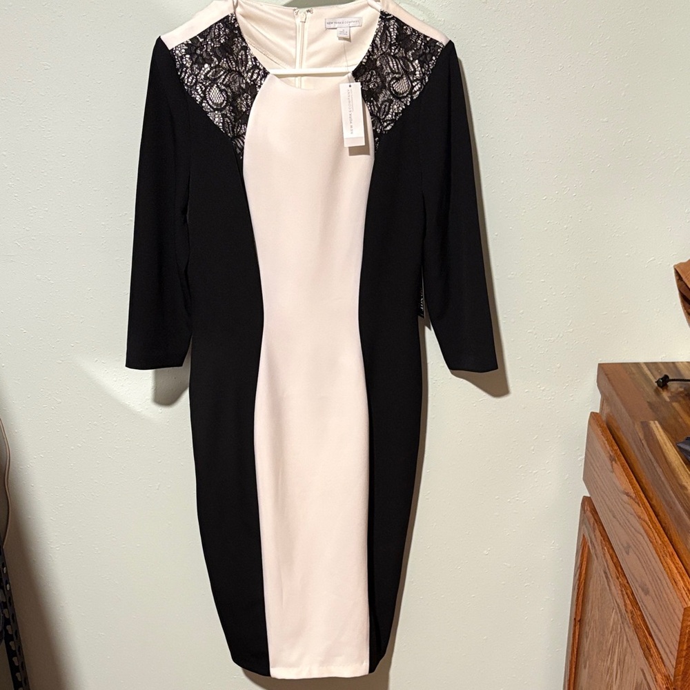 NWT New York & Company Black and Cream Lace-Accent Midi Dress Slimming